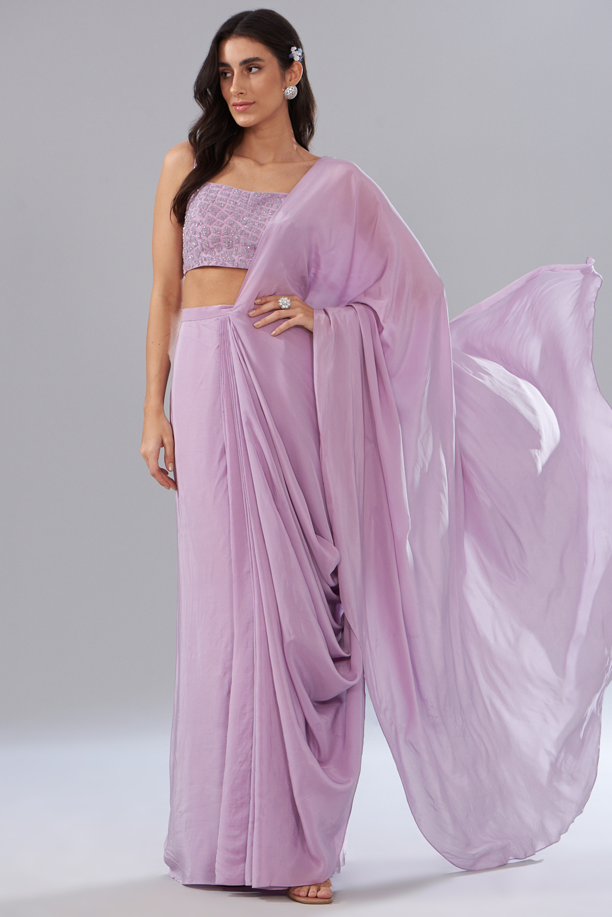 Purple Crepe Cowl Draped Saree Set by Mishru