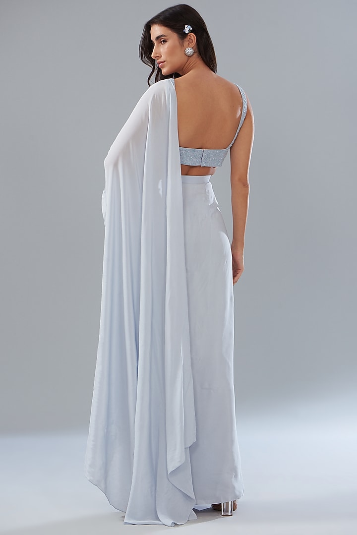 Blue Crepe Cowl Draped Reception Saree Set by Mishru at Pernia's Pop Up Shop