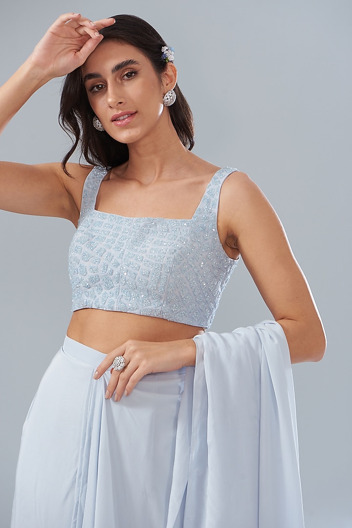 Blue Crepe Cowl Draped Reception Saree Set by Mishru at Pernia's Pop Up Shop