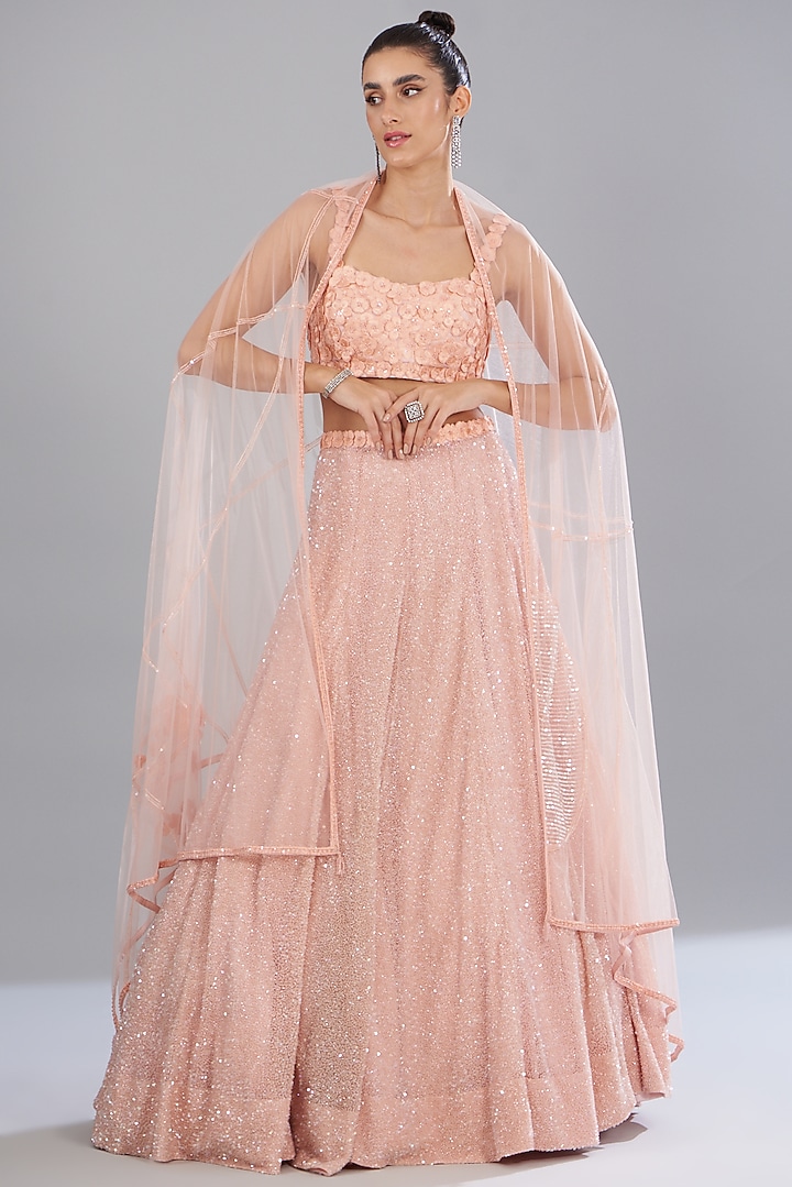 Pink Tulle Hand Embroidered Bridal Lehenga Set by Mishru at Pernia's Pop Up Shop
