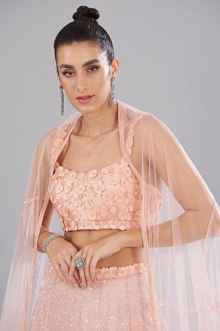 Pink Tulle Hand Embroidered Bridal Lehenga Set by Mishru at Pernia's Pop Up Shop
