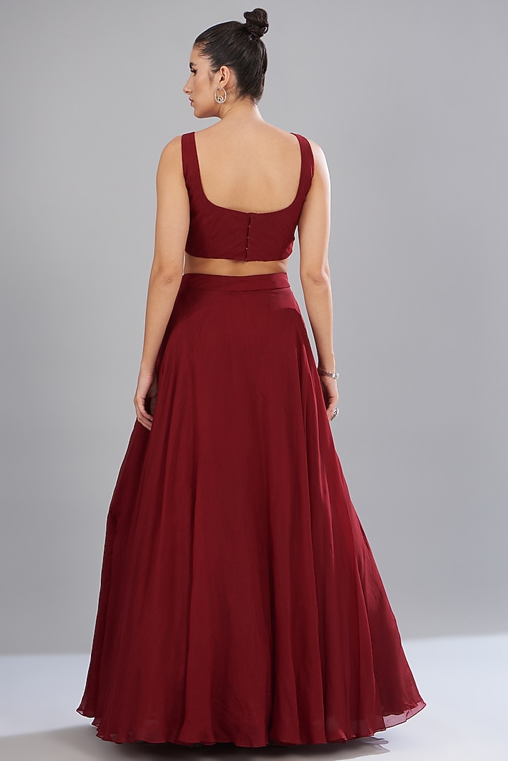 Red Organza Embroidered Jacket Bridal Lehenga Set by Mishru at Pernia's Pop Up Shop
