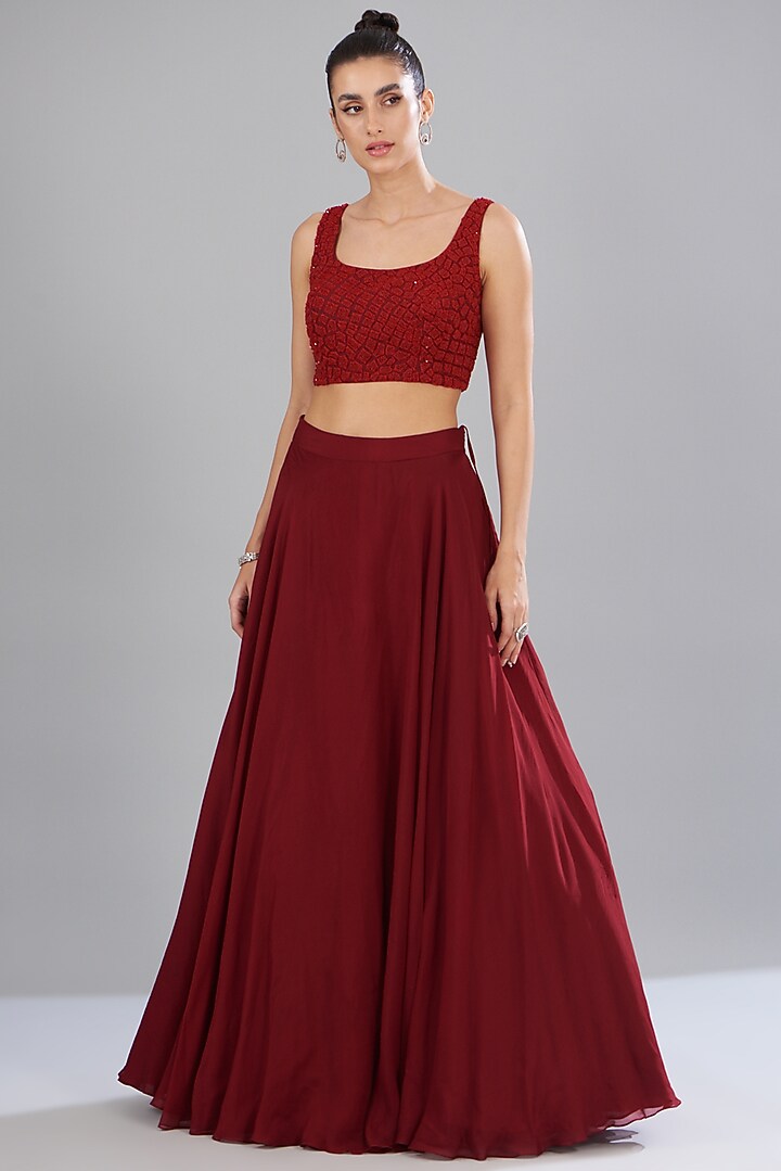 Red Organza Embroidered Jacket Bridal Lehenga Set by Mishru at Pernia's Pop Up Shop
