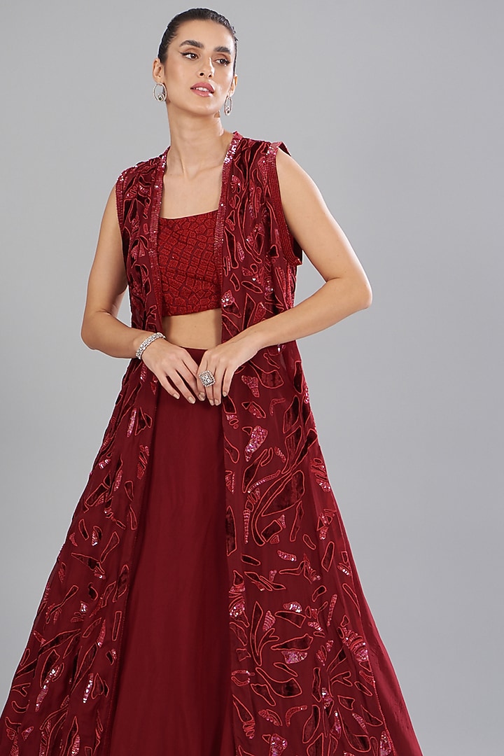 Red Organza Embroidered Jacket Bridal Lehenga Set by Mishru at Pernia's Pop Up Shop
