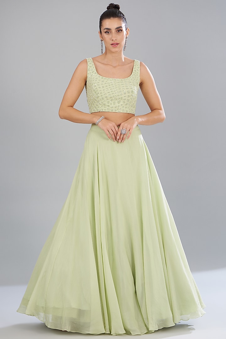 Green Organza Embroidered Jacket Bridal Lehenga Set by Mishru at Pernia's Pop Up Shop