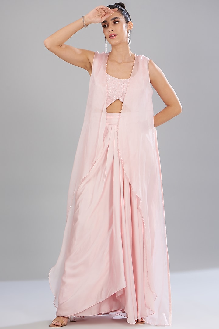 Blush Pink Organza & Satin Cape Set by Mishru