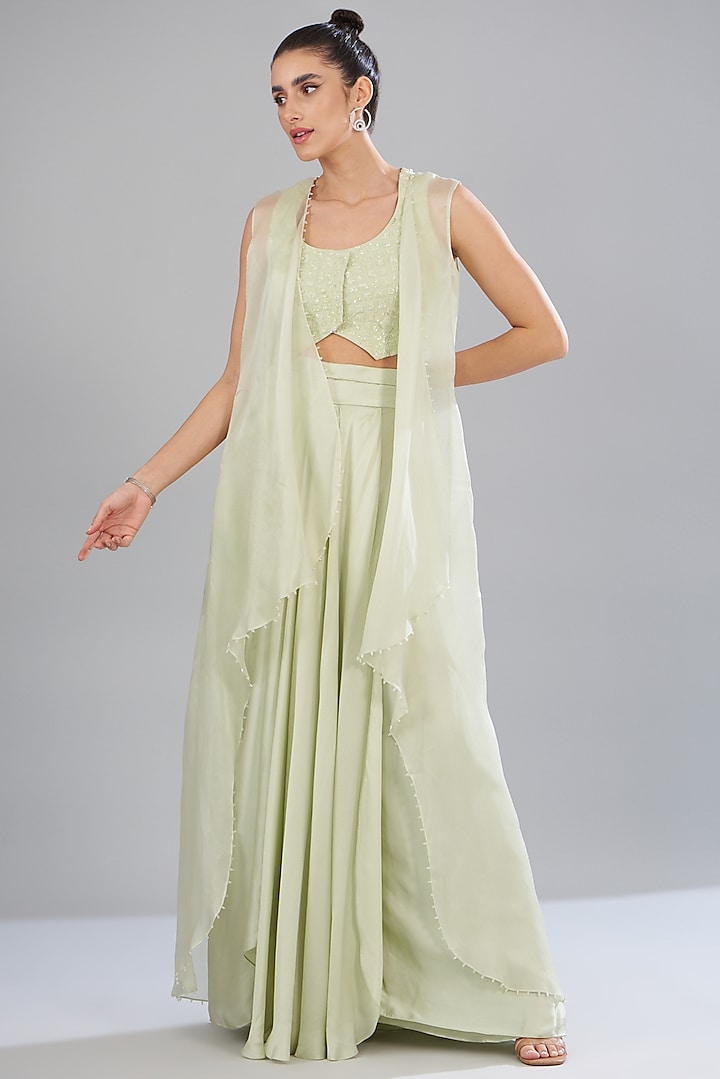 Green Organza & Satin Cape Set by Mishru at Pernia's Pop Up Shop