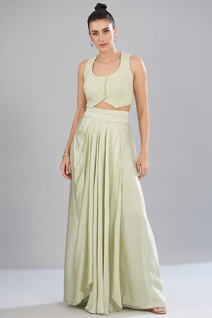 Green Organza & Satin Cape Set by Mishru at Pernia's Pop Up Shop