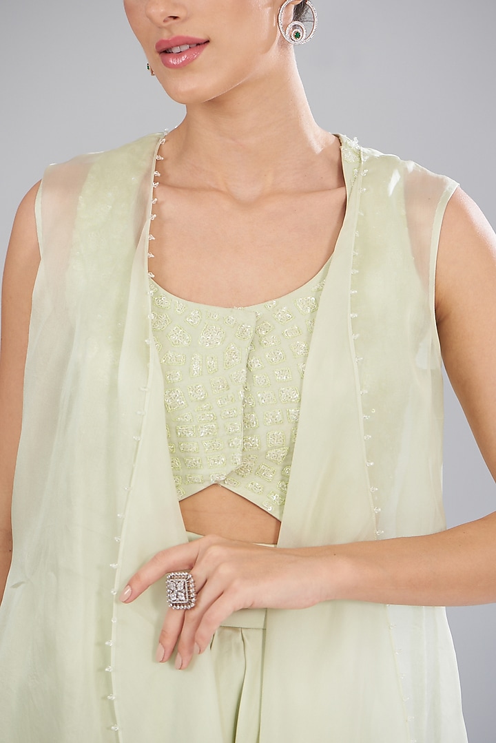 Green Organza & Satin Cape Set by Mishru at Pernia's Pop Up Shop