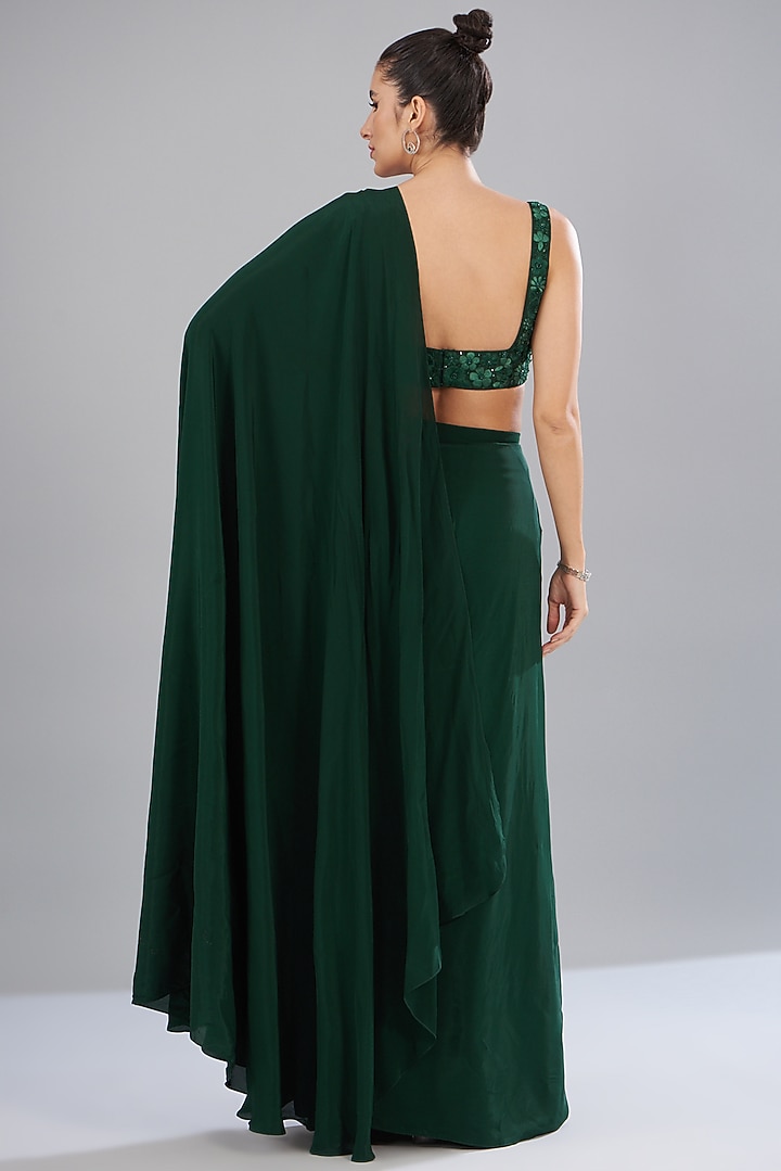 Midnight green printed drape concept saree set
