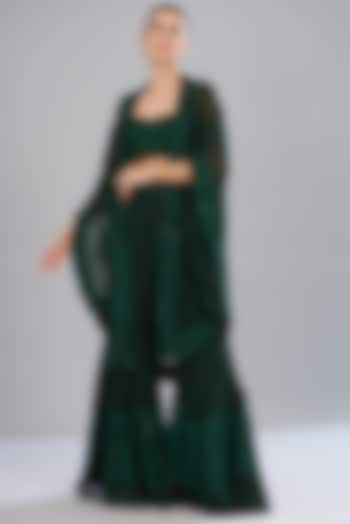 Green Organza & Georgette Embroidered Cape Set by Mishru at Pernia's Pop Up Shop