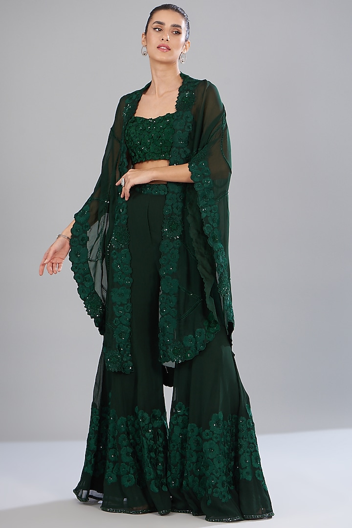 Green Organza & Georgette Embroidered Cape Set by Mishru at Pernia's Pop Up Shop