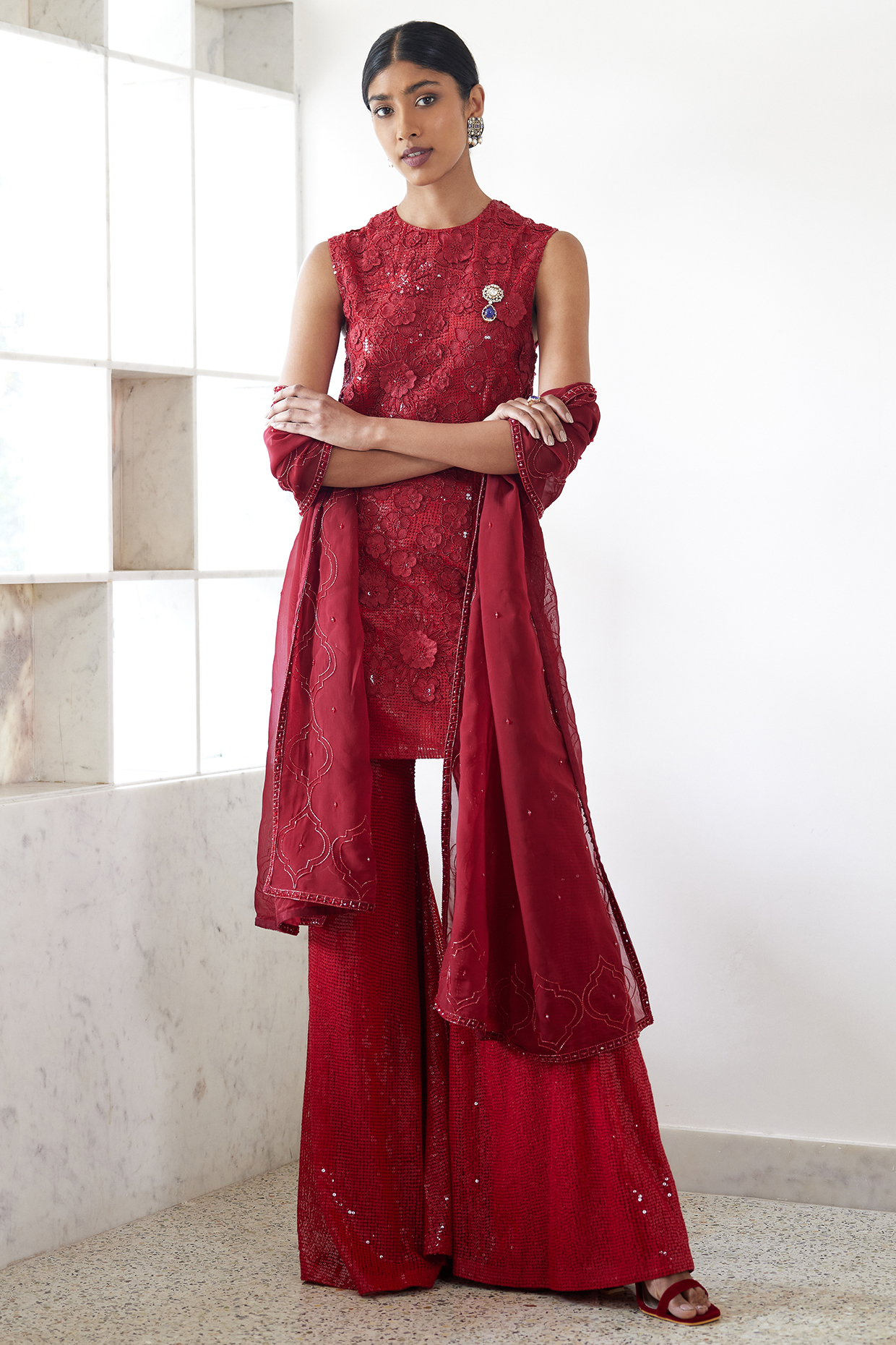 Red Tulle Embroidered Bridal Sharara Set by Mishru at Pernia's Pop Up Shop