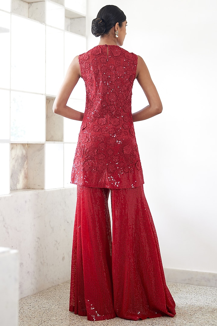 Red Tulle Embroidered Bridal Sharara Set by Mishru at Pernia's Pop Up Shop