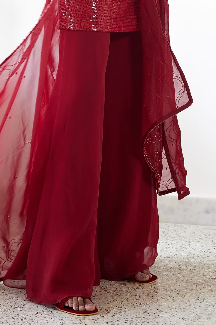 Red Tulle Embroidered Bridal Sharara Set by Mishru at Pernia's Pop Up Shop