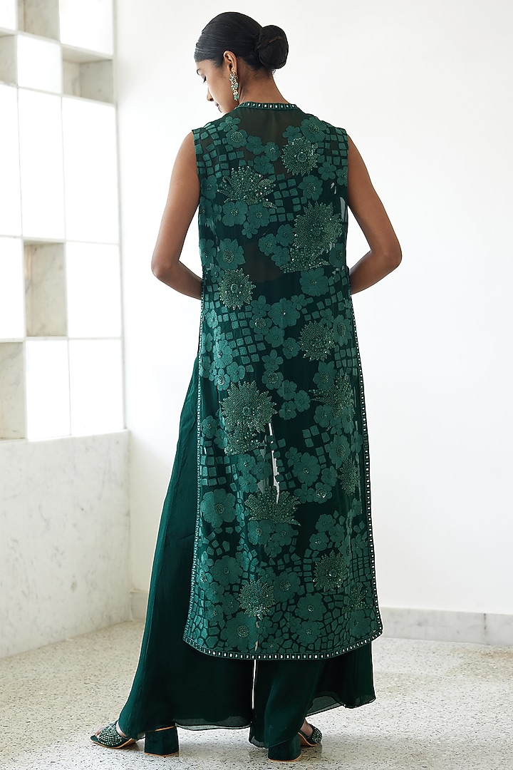 Dark Green Organza Embroidered Jacket Set by Mishru at Pernia's Pop Up Shop