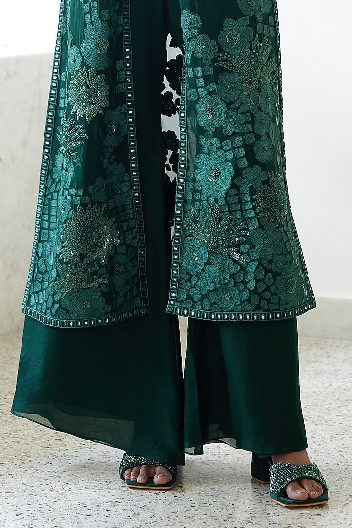 Dark Green Organza Embroidered Jacket Set by Mishru at Pernia's Pop Up Shop