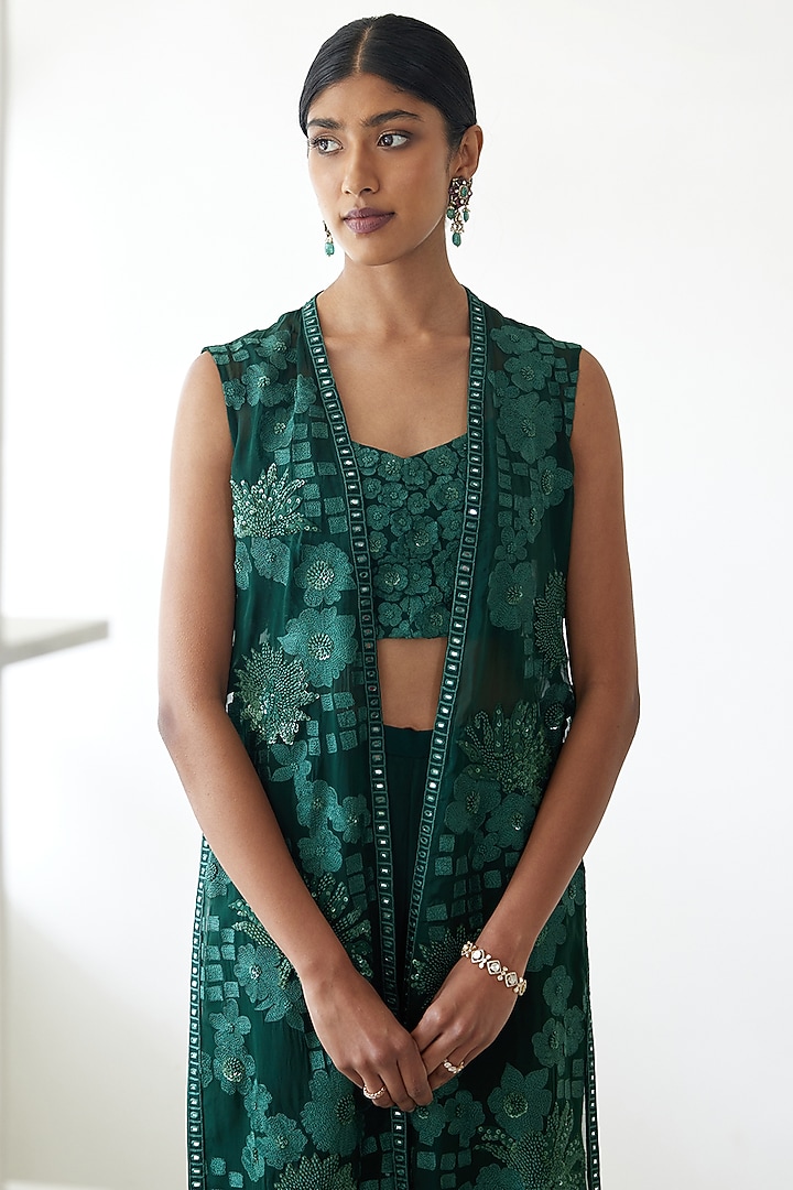 Dark Green Organza Embroidered Jacket Set by Mishru at Pernia's Pop Up Shop