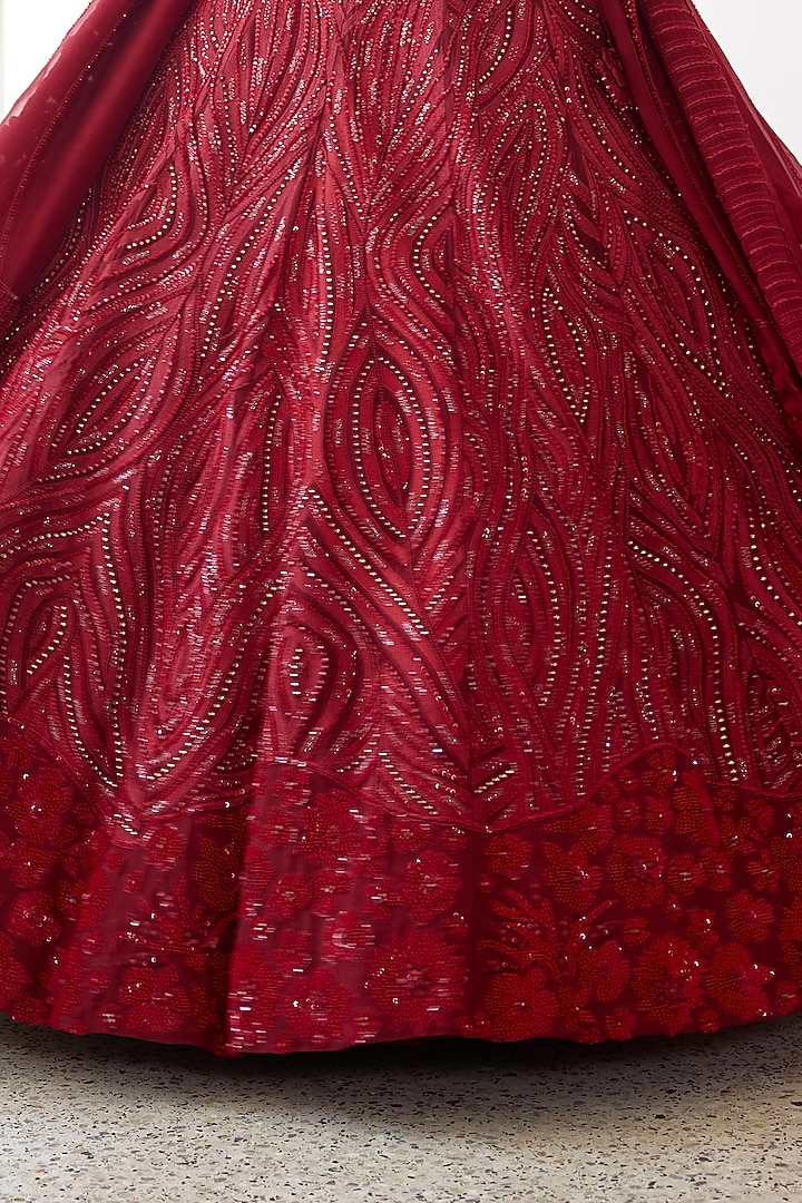 Red Organza Embroidered Bridal Lehenga Set by Mishru at Pernia's Pop Up Shop