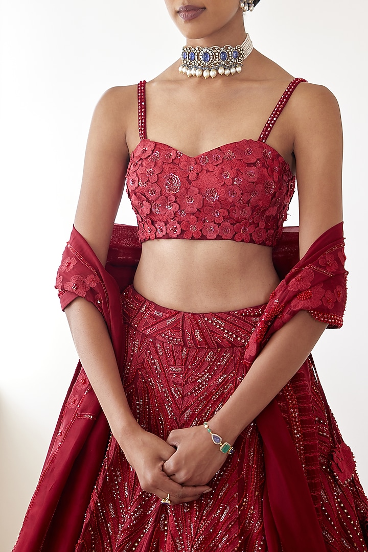 Red Organza Embroidered Bridal Lehenga Set by Mishru at Pernia's Pop Up Shop