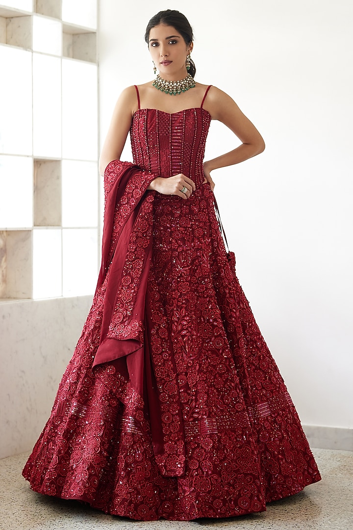 Red Organza Embroidered Bridal Lehenga Set by Mishru at Pernia's Pop Up Shop