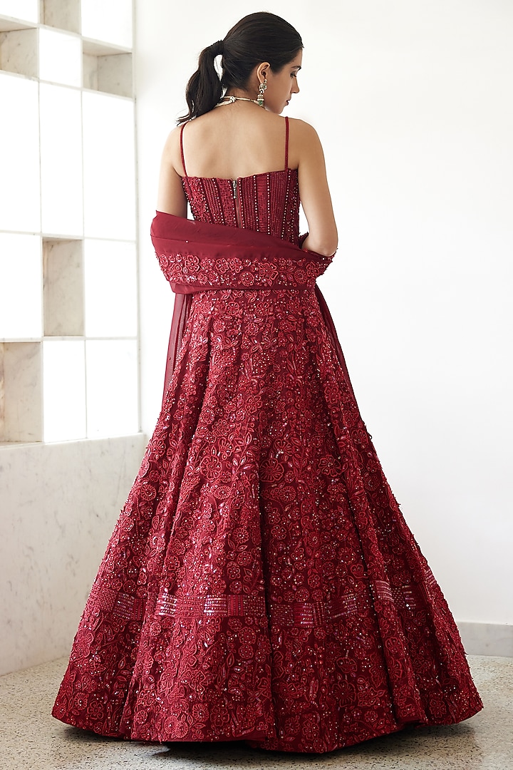 Red Organza Embroidered Bridal Lehenga Set by Mishru at Pernia's Pop Up Shop