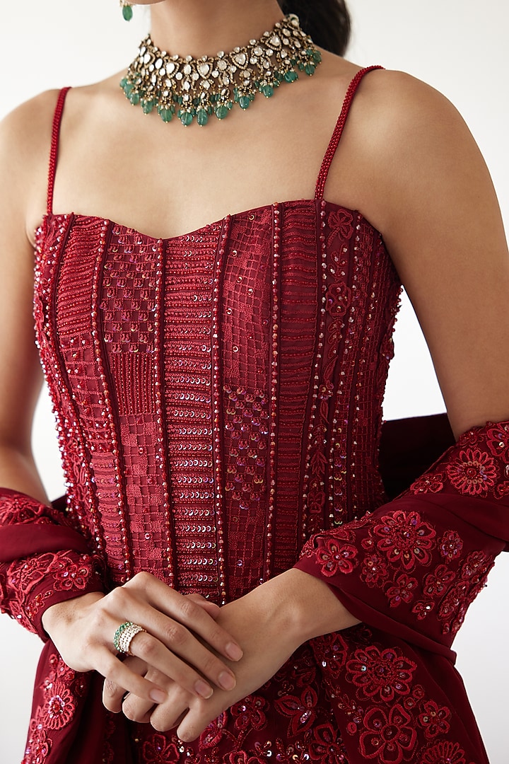 Red Organza Embroidered Bridal Lehenga Set by Mishru at Pernia's Pop Up Shop