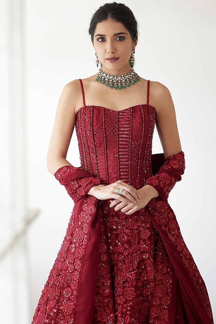 Red Organza Embroidered Bridal Lehenga Set by Mishru at Pernia's Pop Up Shop