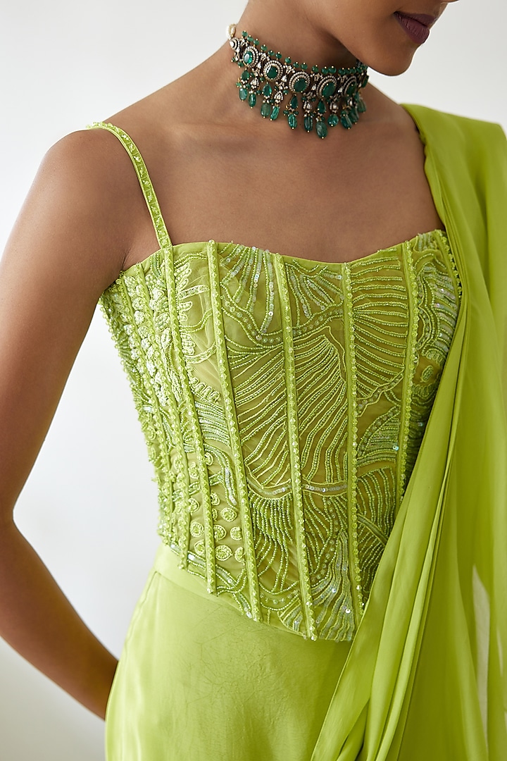 Lime Green Natural Crepe & Organza Ruffle Reception Saree Set by Mishru at Pernia's Pop Up Shop