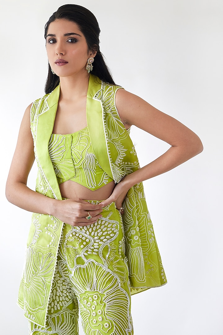 Lime Green Organza Embroidered Co-Ord Set by Mishru at Pernia's Pop Up Shop