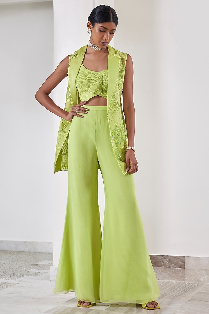 Lime Green Organza Embroidered Blazer Set by Mishru at Pernia's Pop Up Shop
