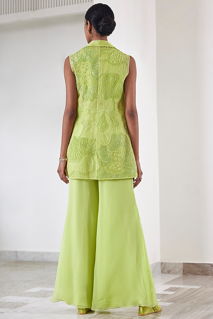 Lime Green Organza Embroidered Blazer Set by Mishru at Pernia's Pop Up Shop