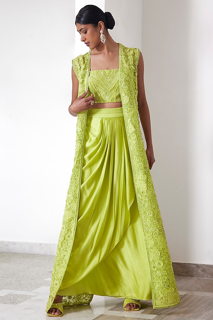 Lime Green Organza Embroidered Jacket Set by Mishru