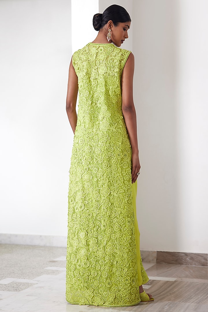 Lime Green Organza Embroidered Jacket Set by Mishru at Pernia's Pop Up Shop
