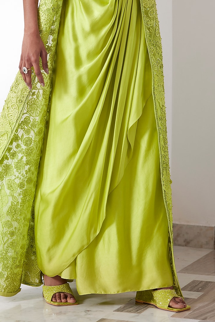 Lime Green Organza Embroidered Jacket Set by Mishru at Pernia's Pop Up Shop