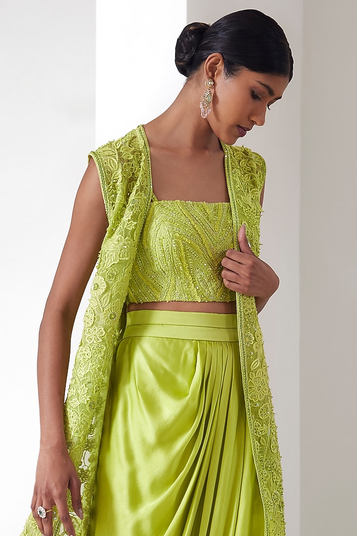 Lime Green Organza Embroidered Jacket Set by Mishru at Pernia's Pop Up Shop
