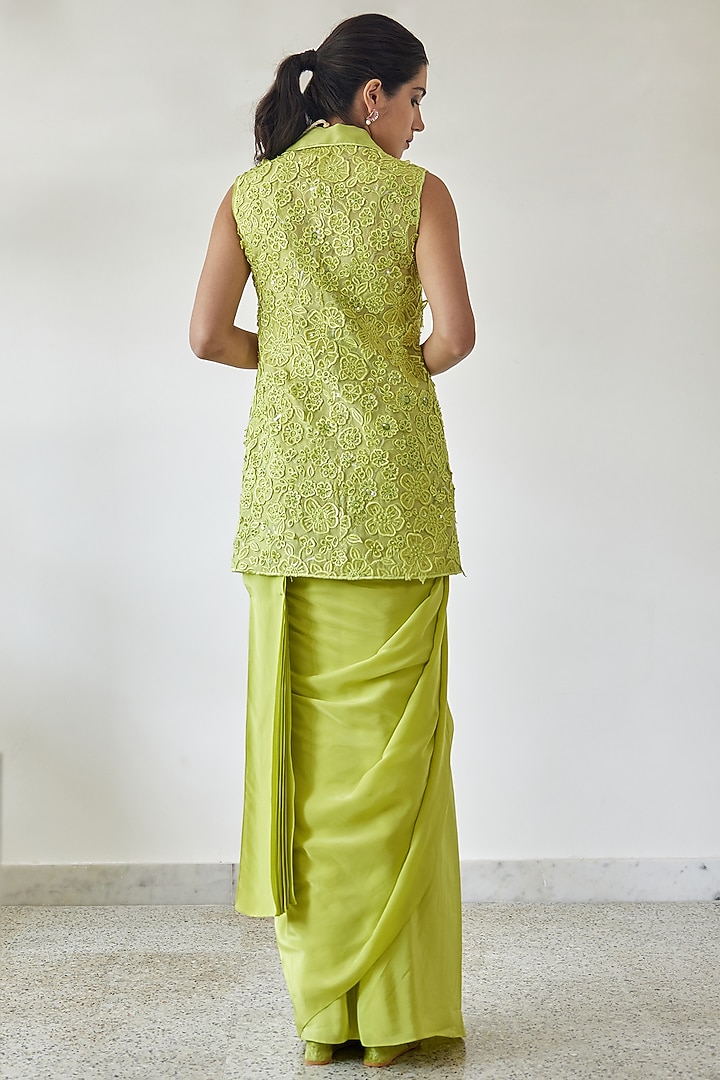 Lime Green Natural Crepe Jacket Reception Saree Set by Mishru at Pernia's Pop Up Shop