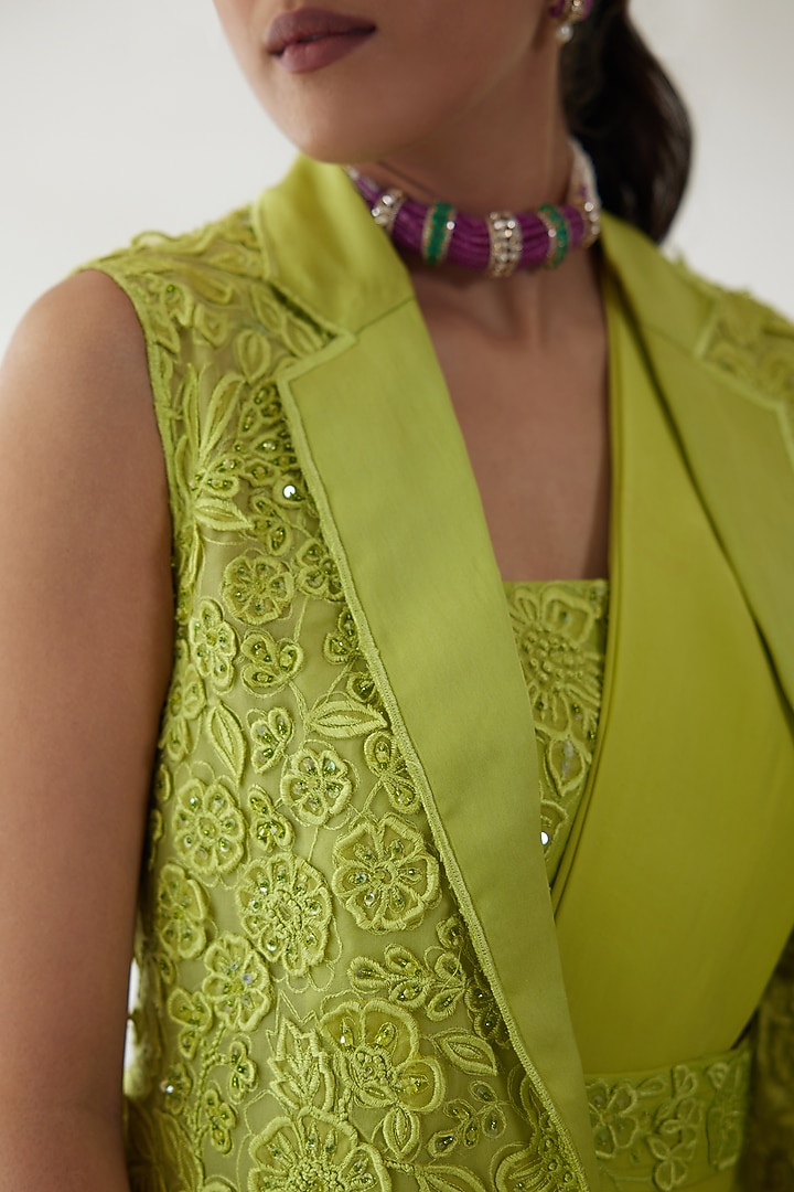 Lime Green Natural Crepe Jacket Reception Saree Set by Mishru at Pernia's Pop Up Shop