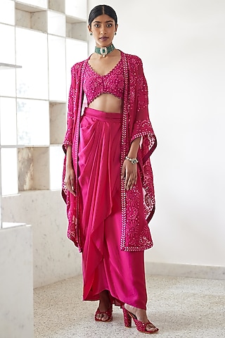 Fuchsia Organza Embroidered Triangle Cape Set by Mishru