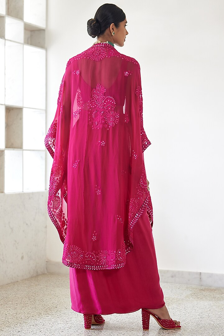 Fuchsia Organza Embroidered Triangle Cape Set by Mishru at Pernia's Pop Up Shop