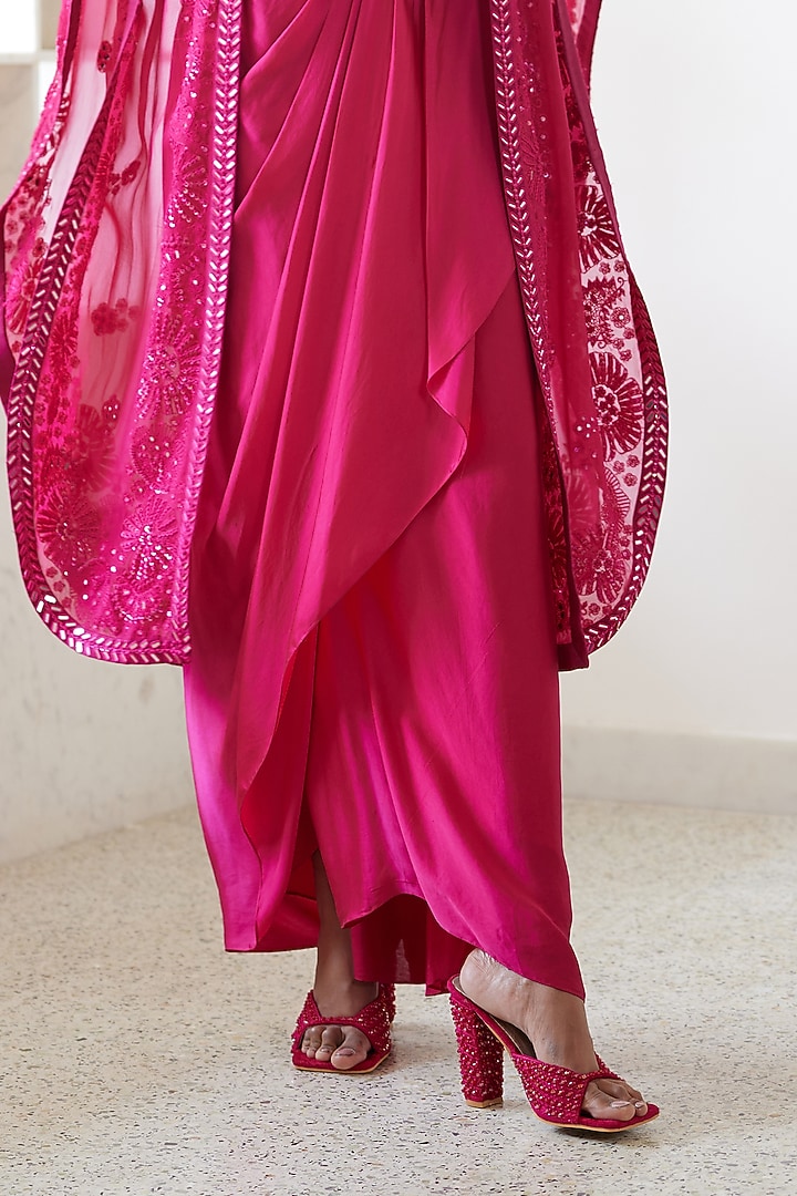 Fuchsia Organza Embroidered Triangle Cape Set by Mishru at Pernia's Pop Up Shop