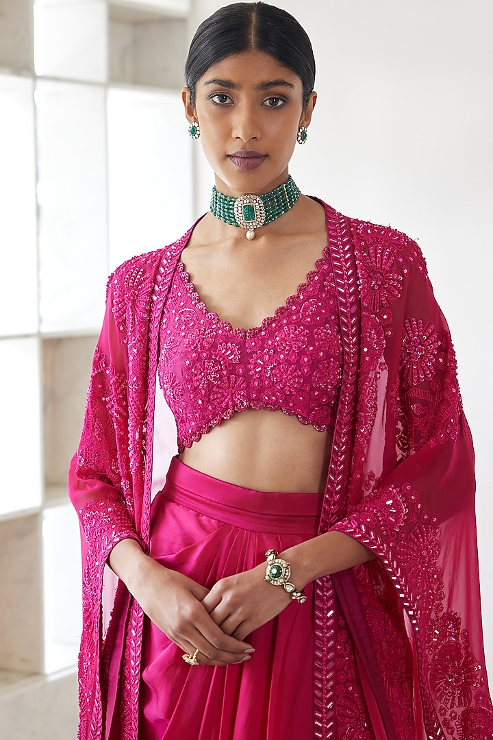 Fuchsia Organza Embroidered Triangle Cape Set by Mishru at Pernia's Pop Up Shop
