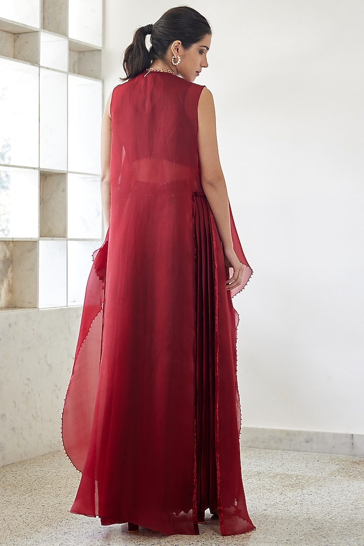 Red Satin Draped Skirt Set by Mishru at Pernia's Pop Up Shop