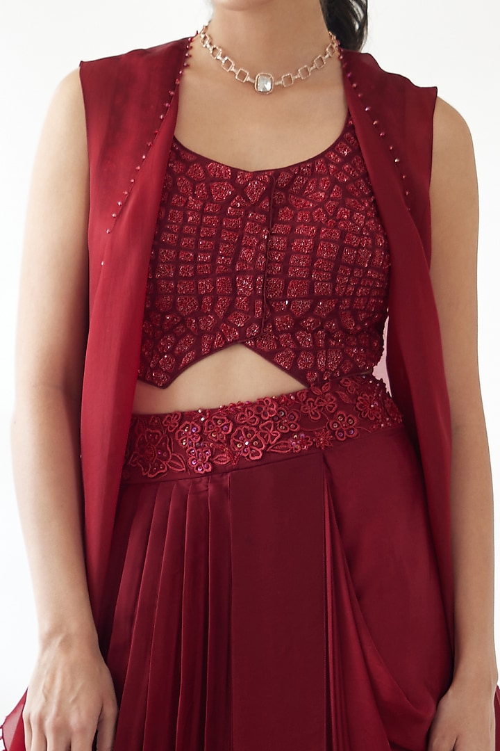 Red Satin Draped Skirt Set by Mishru at Pernia's Pop Up Shop