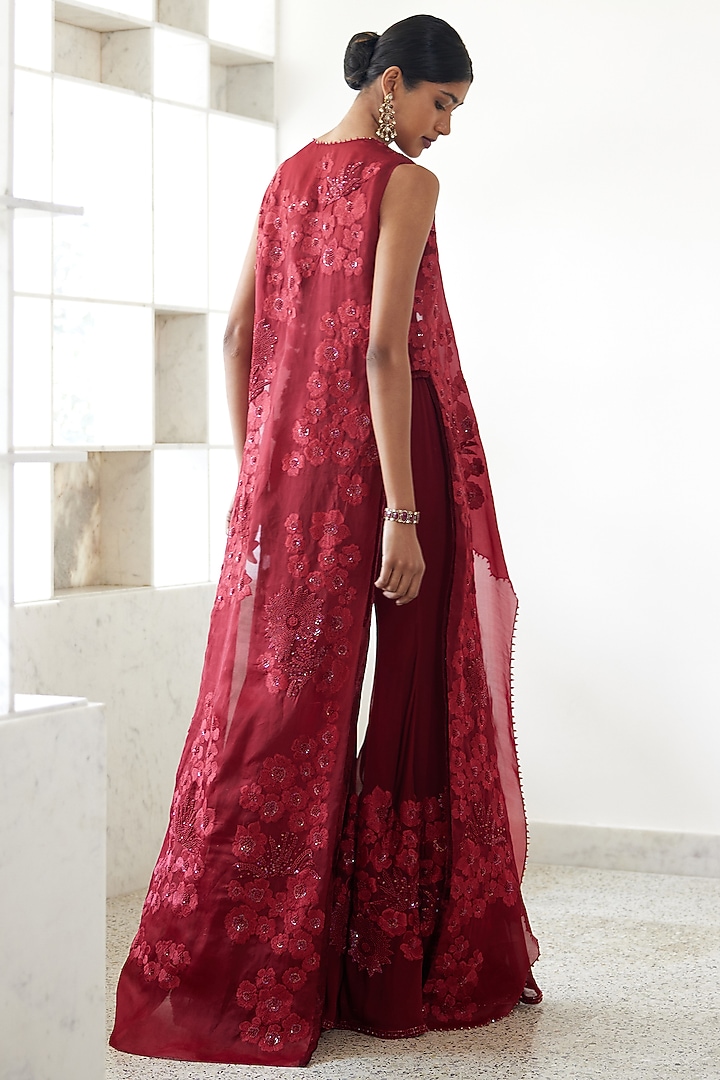 Red Organza Embroidered Jacket Set by Mishru at Pernia's Pop Up Shop