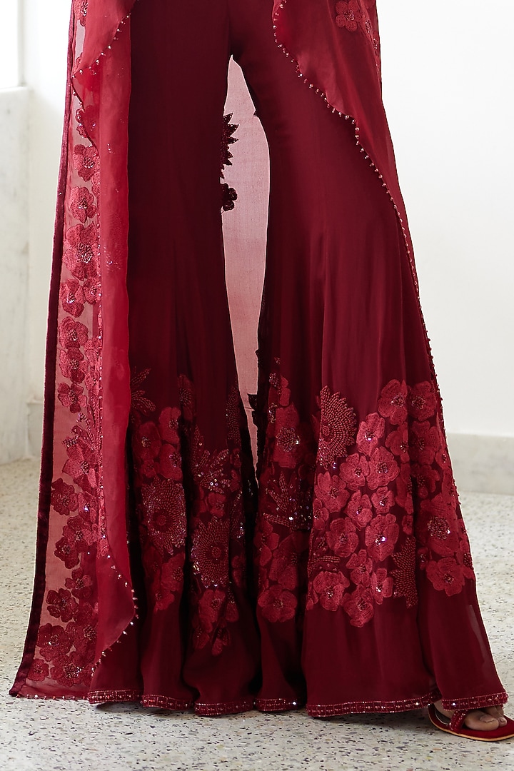 Red Organza Embroidered Jacket Set by Mishru at Pernia's Pop Up Shop