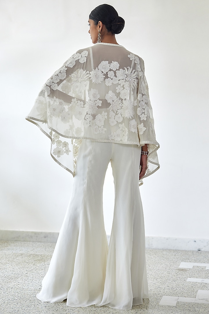 Ivory Organza Embroidered Cape Set by Mishru at Pernia's Pop Up Shop