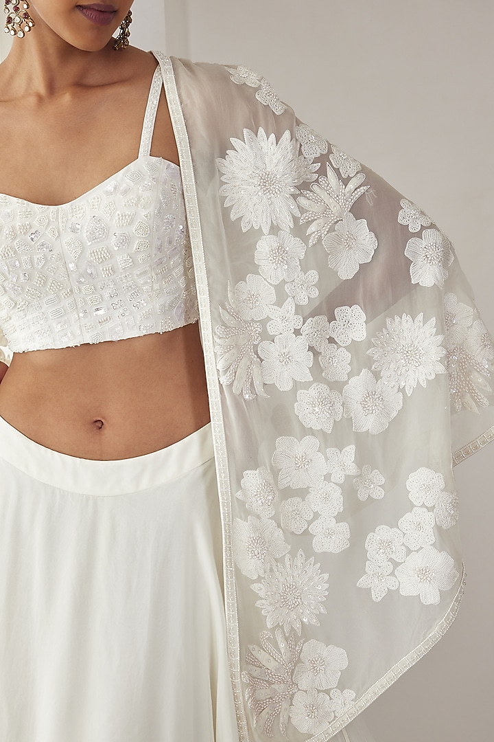 Ivory Organza Embroidered Jacket Wedding Lehenga Set by Mishru at Pernia's Pop Up Shop