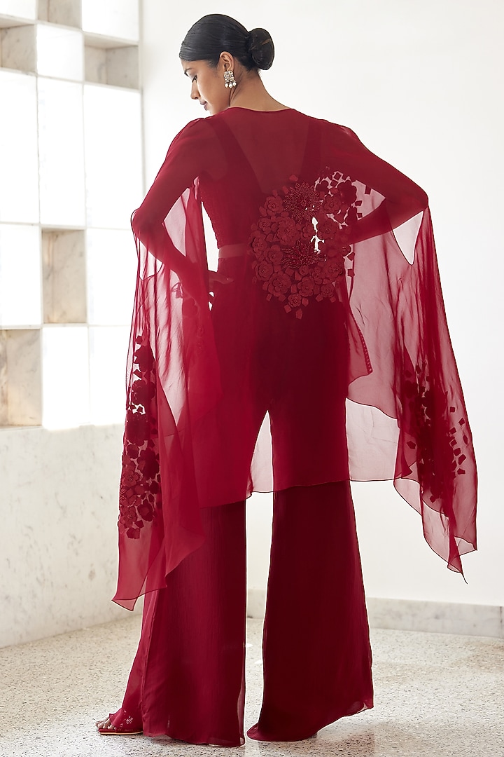 Red Organza Embroidered Cape Set by Mishru at Pernia's Pop Up Shop