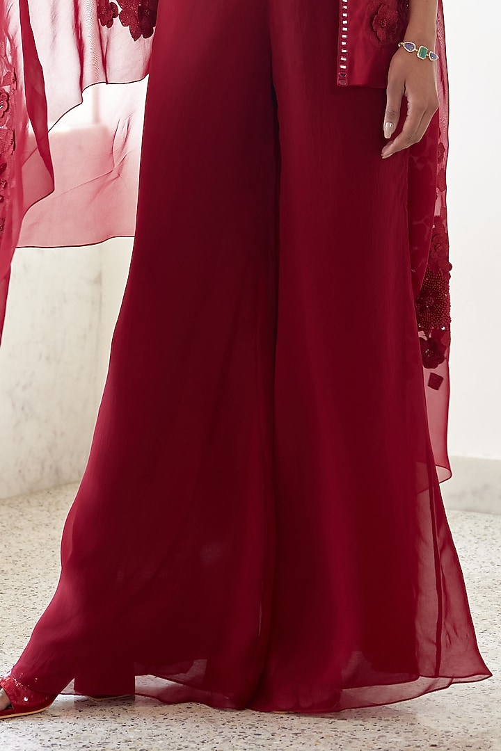 Red Organza Embroidered Cape Set by Mishru at Pernia's Pop Up Shop